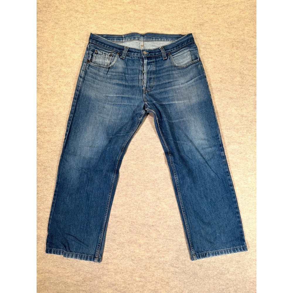 Levis 501 Straight Fit Jeans Mens 36x34 Blue Whiskering Denim Cotton Mid Rise